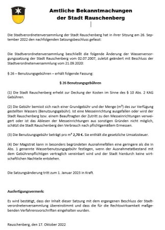 Amtliche Bekanntmachung der Stadt Rauschenberg - Änderung der Wasserversorgungssatzung zum 01.01.2023