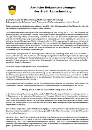 Amtliche Bekanntmachung der Stadt Rauschenberg: Bebauungsplan „Am Bahndamm“ sowie Änderung des Flächennutzungsplans in diesem Bereich
