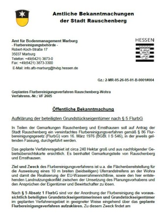 Amtliche Bekanntmachung: Geplantes Flurbereinigungsverfahren Rauschenberg-Wohra		 Verfahrens.-Nr.: VF 2605