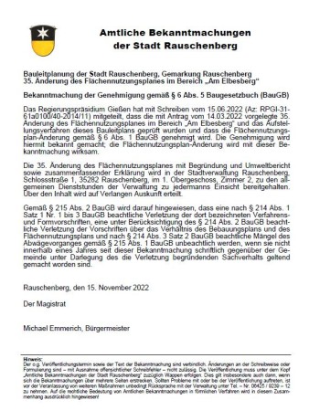 Bauleitplanung der Stadt Rauschenberg, Gemarkung Rauschenberg 35. Änderung des Flächennutzungsplanes im Bereich „Am Elbesberg“