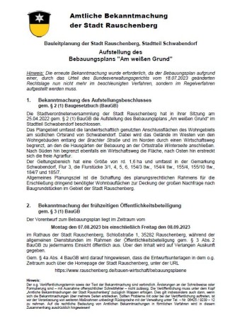 Amtliche Bekanntmachung - Bauleitplanung der Stadt Rauschenberg, Stadtteil Schwabendorf -ufstellung des Bebauungsplans "Am weißen Grund"