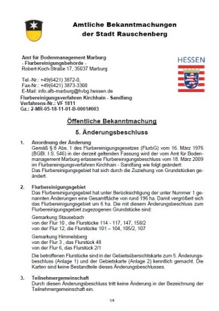 Amtliche Bekanntmachungen der Stadt Rauschenberg -Flurbereinigungsverfahren Flurbereinigungsverfahren Kirchhain - Sandfang