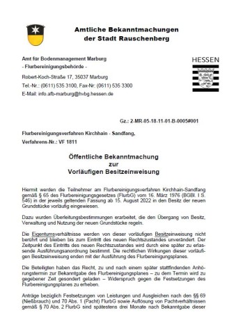 Flurbereinigungsverfahren Kirchhain - Sandfang: Öffentliche Bekanntmachung zur Vorläufigen Besitzeinweisung
