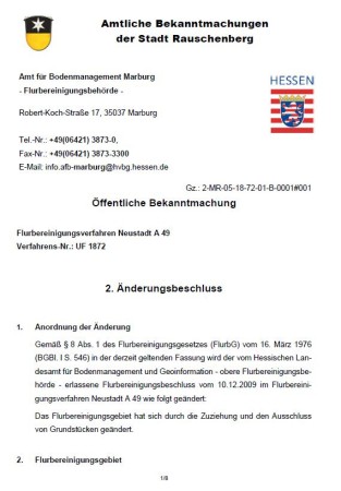 Amtliche Bekanntmachungen der Stadt Rauschenberg -Flurbereinigungsverfahren Neustadt A49
