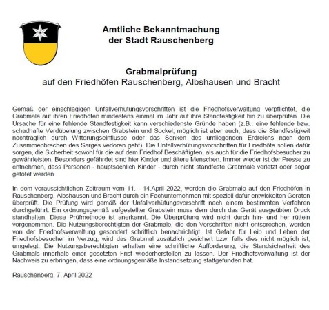 Amtliche Bekanntmachung der Stadt Rauschenberg: Grabmalprüfung auf den Friedhöfen Rauschenberg, Albshausen und Bracht