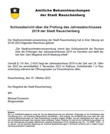 Bild: Schlussbericht über die Prüfung des Jahresabschlusses 2019 der Stadt Rauschenberg