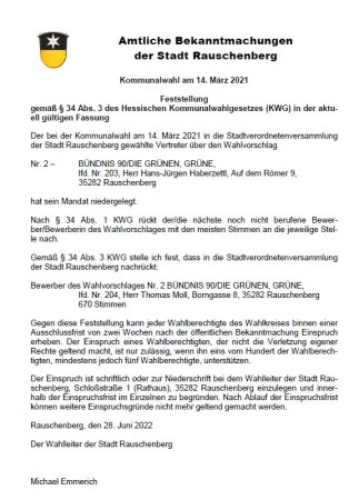 Amtliche Bekanntmachungen der Stadt Rauschenberg:  Kommunalwahl am 14. März 2021 - Mandatsniederlegung