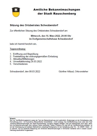 Einladung zur öffentlichen Sitzung des Ortsbeirates Schwabendorf am 16.03.2022