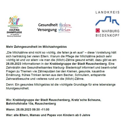 Mehr Zahngesundheit im Milchzahngebiss - Informationen in der Krabbelgruppe der Stadt Rauschenberg am 28.09.2023