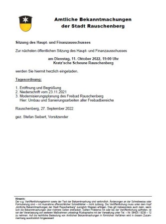 Öffentliche Sitzung des Haupt- und Finanzausschusses am 11.10.2022