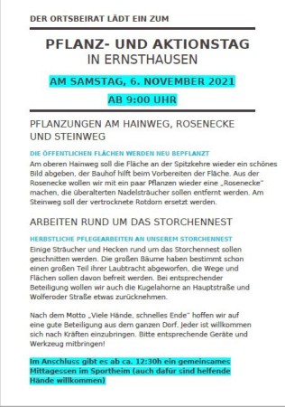 Ortsbeirat Ernsthausen lädt zum Pflanz- und Aktionstag am 6. November ein