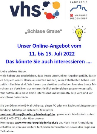 vhs Online Angebot "Schlaue Graue" vom 11. bis 15. Juli 2022