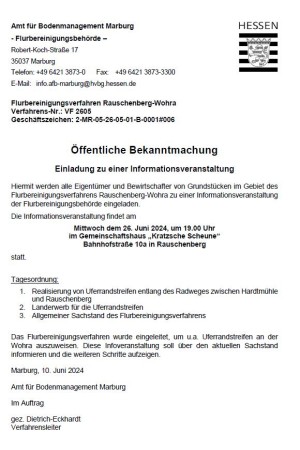 Einladung Informationsveranstaltung Flurbereinigungsverfahren Rauschenberg-Wohra