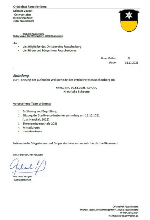 Einladung zur öffentlichen Sitzung des Ortsbeirates Rauschenberg am 08.12.2021