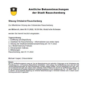 Öffentliche Sitzung des Ortsbeirates Rauschenberg am 09.11.2022