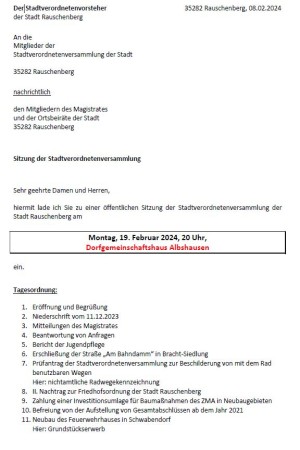 Einladung zur öffentlichen Sitzung der Stadtverordnetenversammlung am 19.02.2024