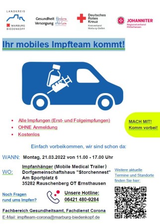 Ihr mobiles Impfteam kommt am 21.03.2022 nach Ernsthausen