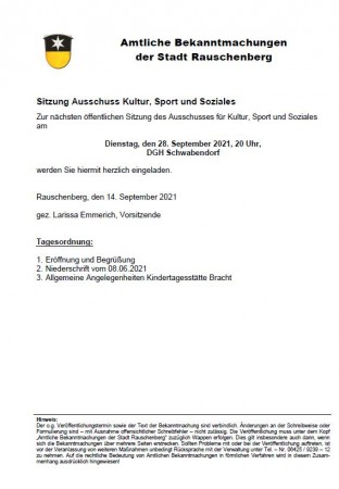 Einladung zur nächsten öffentlichen Sitzung des Ausschusses für Kultur, Sport und Soziales am 28.09.2021