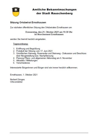 Einladung zur Sitzung des Ortsbeirates Ernsthausen