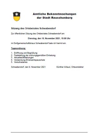 Sitzung des Ortsbeirates Schwabendorf am 16.11.2021