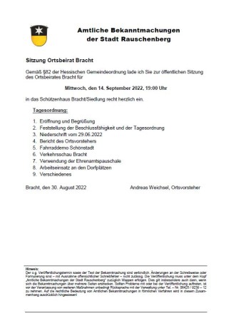Sitzung Ortsbeirat Bracht am 14.09.2022