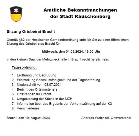 Öffentliche Sitzung des Ortsbeirates Bracht am 04.09.2024