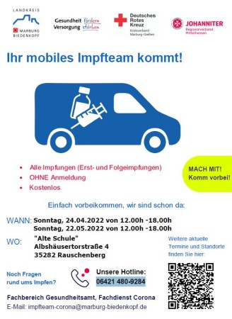 Impfaktion des mobilen Impfteams in Rauschenberg "Alte Schule" am 24.04. und 22.05.2022