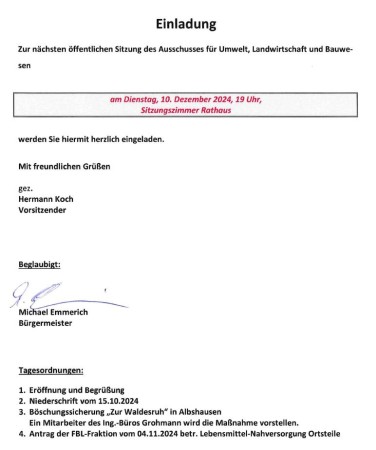 Öffentliche Sitzung des Ausschusses für Umwelt, Landwirtschaft und Bauwesen am 10.12.2024