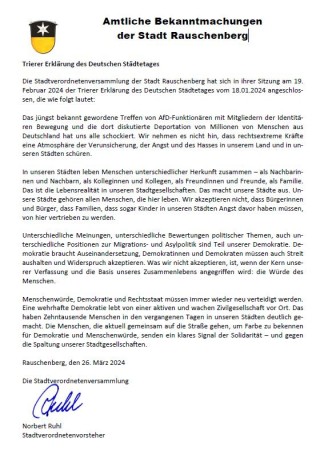 Amtliche Bekanntmachungen der Stadt Rauschenberg - Trierer Erklärung des Deutschen Städtetages